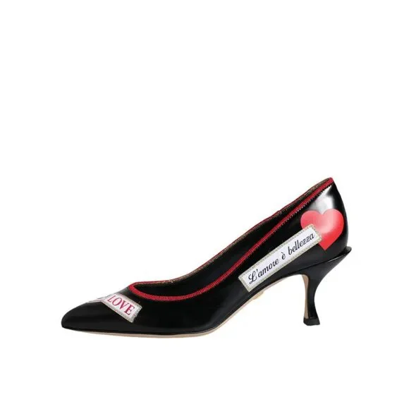 Dolce & Gabbana Black Leather Logo Print Heels Pumps Shoes - Picture 6 of 10